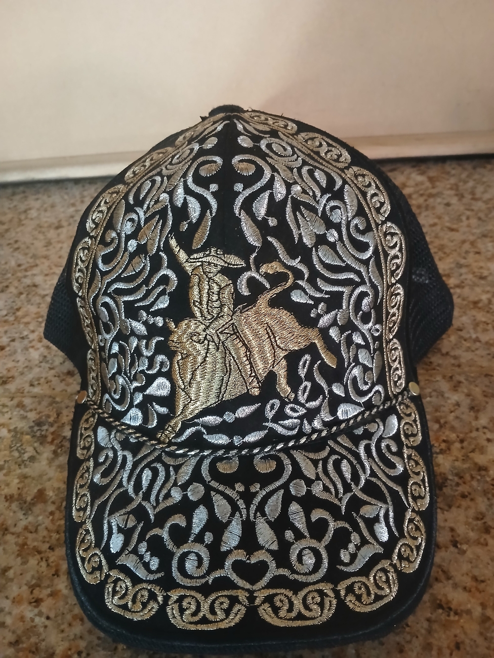Embroidered Black Cap with Gold & Silver Western Rider Design